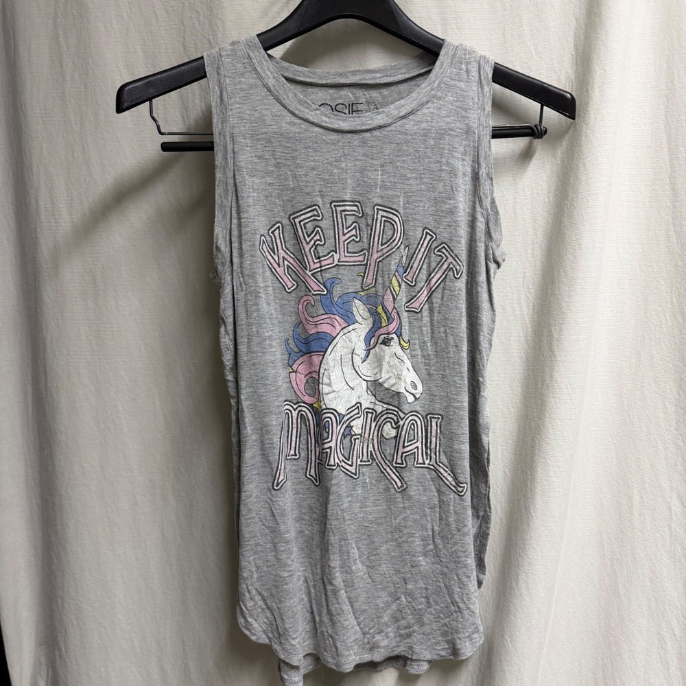 Rosie Harlow Keep It Magical Unicorn Muscle Tank Top Gray Small whimsical humor